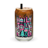Holly Jolly Reader Christmas Holiday Glass Tumbler, BookTok Can-shaped glass Coffee Cup, BookWorm Bookish Gift, Book Themed presents
