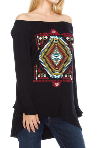 Tribal Piece Print Off Shoulder Tunic Top - My Jewel Candy - 1