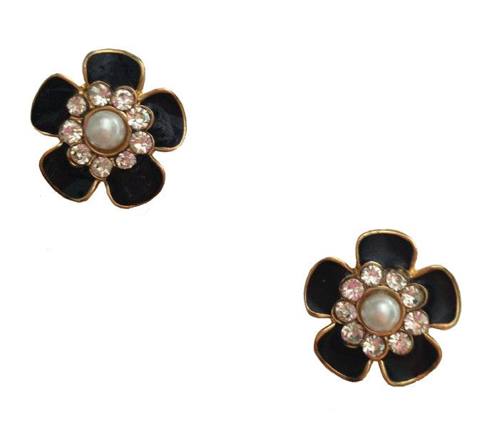 Crystal & Pearl Black Flower Earrings - My Jewel Candy
