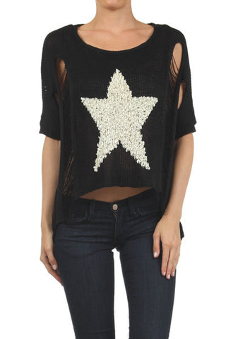 Distressed Short Sleeve Star Sweater with Hi-Lo Hem - My Jewel Candy - 1