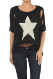 Distressed Short Sleeve Star Sweater with Hi-Lo Hem - My Jewel Candy - 3