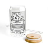 All's fair in love and poetry Sipper Glass, 16oz with bamboo lid and straw, love and poetry merch, glass cup poets merch,