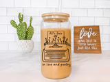All's fair in love and poetry Sipper Glass, 16oz with bamboo lid and straw, love and poetry merch, glass cup poets merch,
