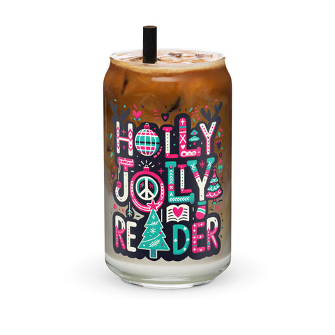 Holly Jolly Reader Christmas Holiday Glass Tumbler, BookTok Can-shaped glass Coffee Cup, BookWorm Bookish Gift, Book Themed presents