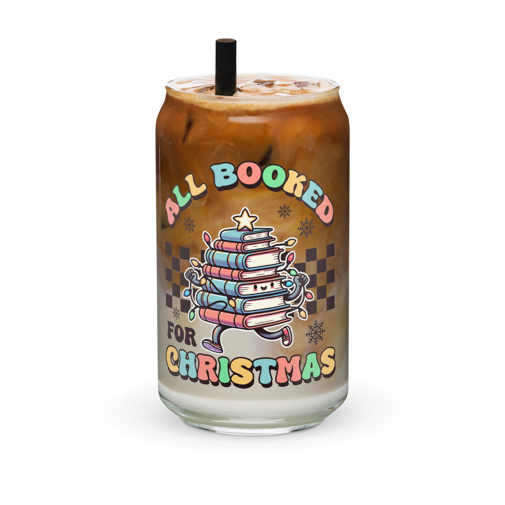 All Booked for Christmas Glass Tumbler, Iced Coffee Glass Cup for Bookworms, Bookish Merch, Booktok Can-shaped glass
