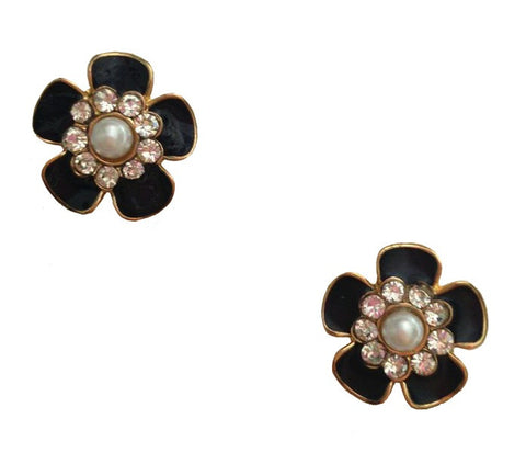 Crystal & Pearl Black Flower Earrings - My Jewel Candy