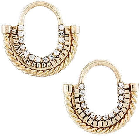 Gold Pressed Crescent Shaped Earrings w Crystals - My Jewel Candy
