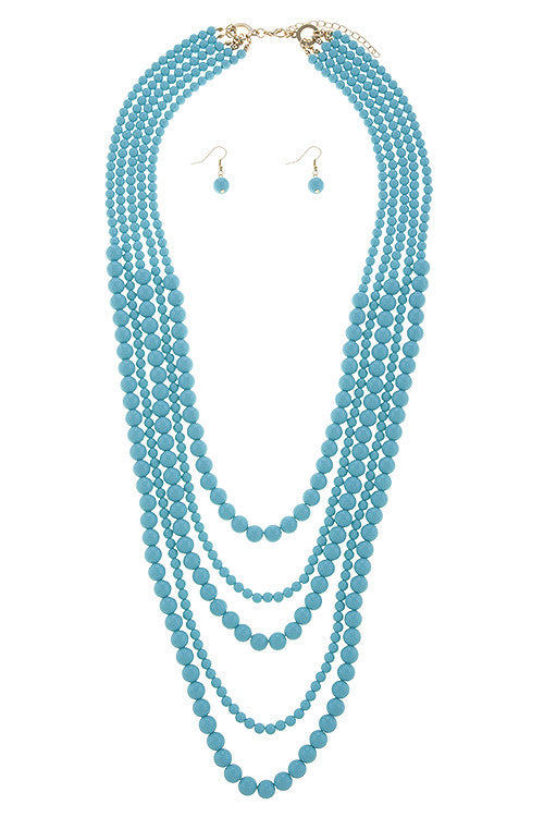 Gold 3 Layer Blue White Bead Necklace Set