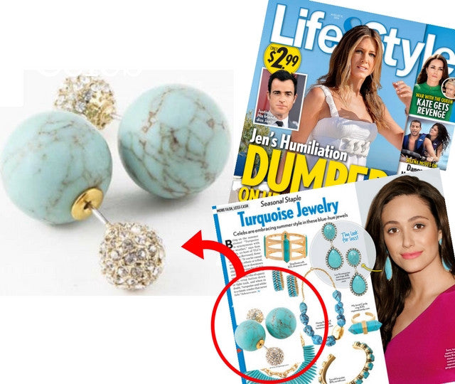 Turquoise Stone & Crystal Double-Sided Earrings (As seen in Life & Style Magazine) - My Jewel Candy - 1