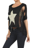 Distressed Short Sleeve Star Sweater with Hi-Lo Hem - My Jewel Candy - 5