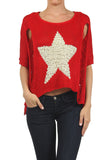Distressed Short Sleeve Star Sweater with Hi-Lo Hem - My Jewel Candy - 4