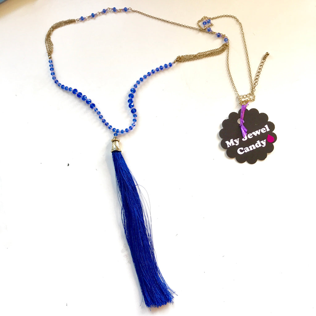 Blue Tassel & Beads Long Necklace